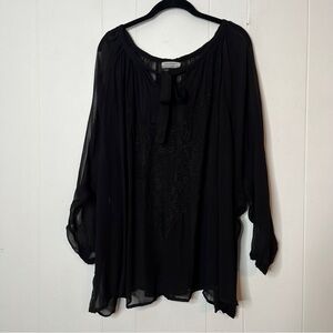 World Market Black Sheer Blouse Embroidered Details Dolman Sleeve Women's X/XL